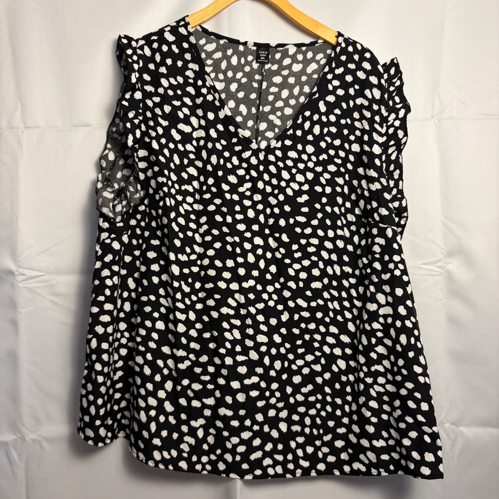 SHEIN Curve Womens 3XL‎ Black White Dalmatian Print Ruffle Flutter Sleeve Blouse